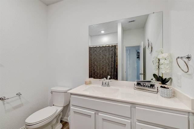 bathroom featuring vanity, toilet, and curtained shower