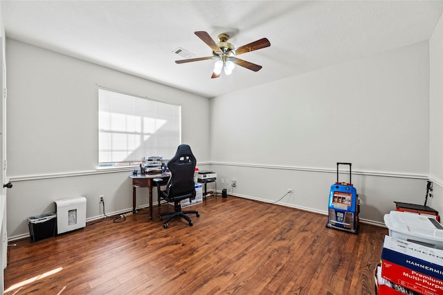 office with dark hardwood / wood-style floors and ceiling fan