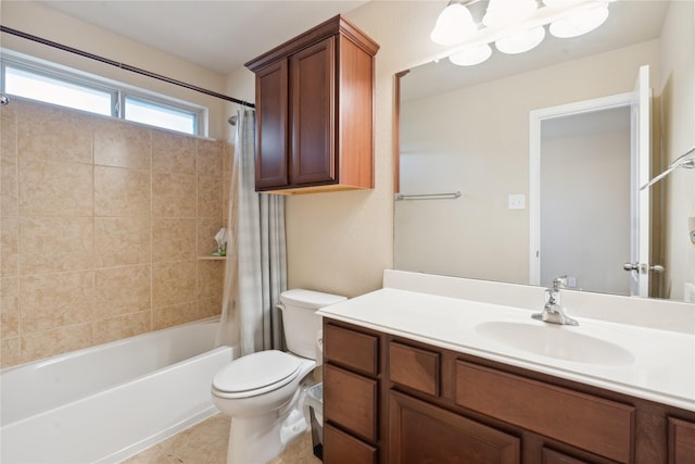 full bathroom featuring tile patterned flooring, shower / tub combo, vanity, and toilet