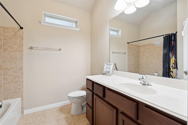 full bathroom with tile patterned floors, shower / bath combo with shower curtain, vanity, and toilet