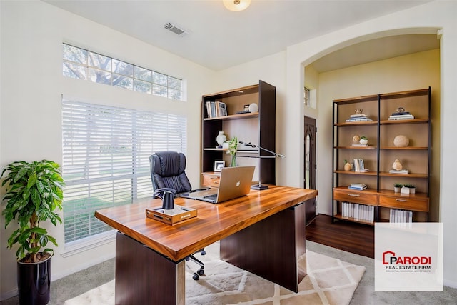 view of carpeted home office