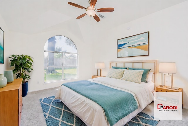 carpeted bedroom featuring ceiling fan