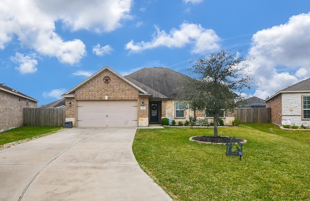 ranch-style home with central AC unit, a garage, and a front lawn