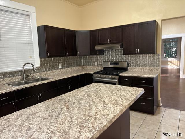 kitchen with a high ceiling, stainless steel gas stove, dark brown cabinetry, and sink