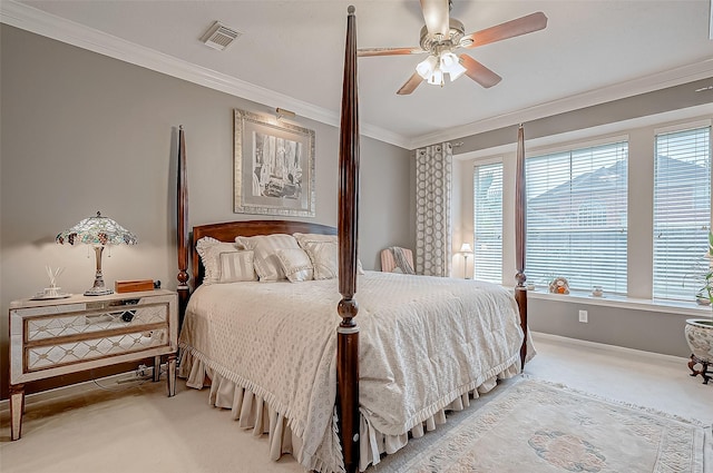 bedroom with carpet, multiple windows, ceiling fan, and ornamental molding