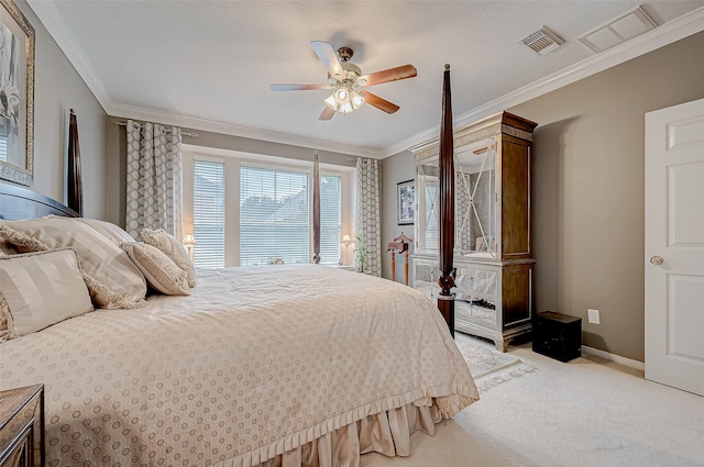 bedroom featuring light carpet, ceiling fan, and ornamental molding