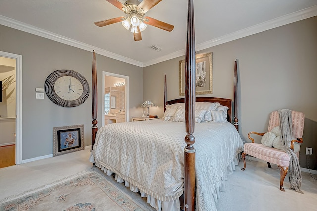 carpeted bedroom featuring ensuite bathroom, ceiling fan, and crown molding