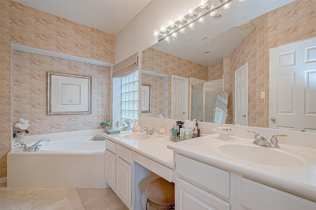 bathroom with vanity and plus walk in shower