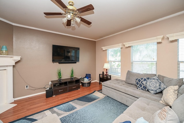 living room with hardwood / wood-style flooring, ceiling fan, a healthy amount of sunlight, and ornamental molding