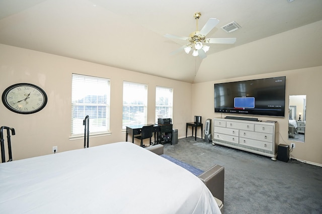 carpeted bedroom featuring ceiling fan and vaulted ceiling