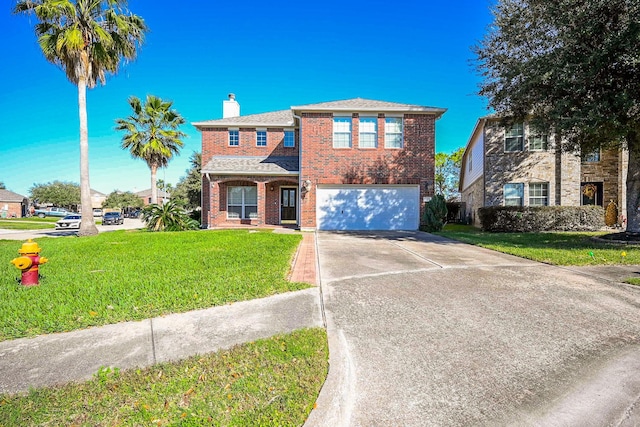 view of front of house with a garage and a front lawn