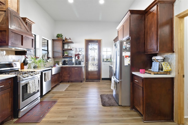 kitchen featuring appliances with stainless steel finishes, backsplash, premium range hood, and plenty of natural light