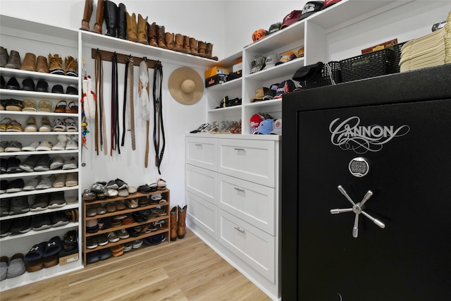 walk in closet with light hardwood / wood-style floors