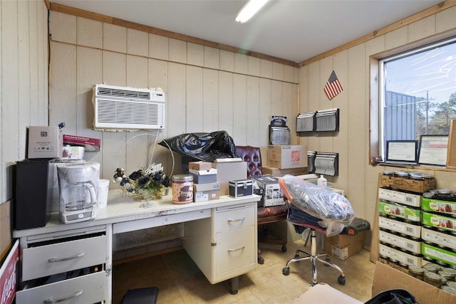 office with a wall mounted AC, wooden walls, and crown molding