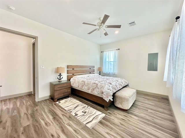 bedroom with ceiling fan, light wood-type flooring, and electric panel