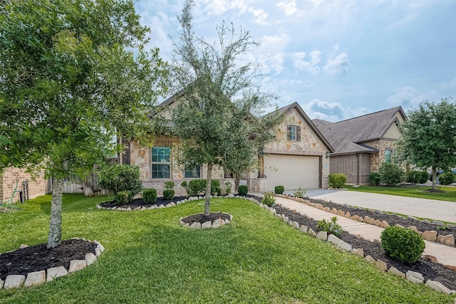 view of front of property with a garage and a front lawn