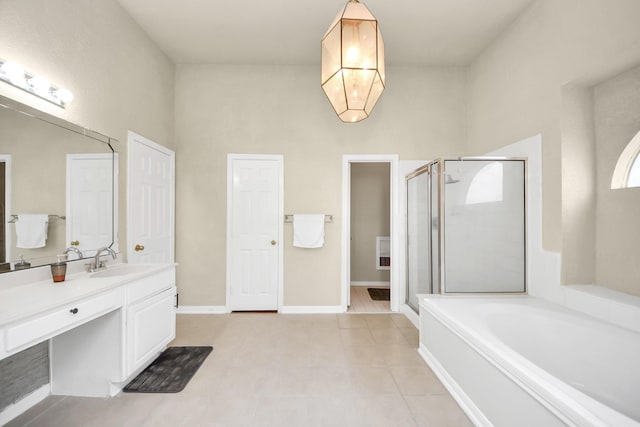 bathroom with vanity, separate shower and tub, and tile patterned floors