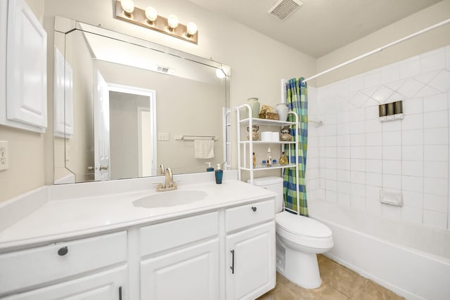 full bathroom with tile patterned floors, vanity, shower / bath combination with curtain, and toilet