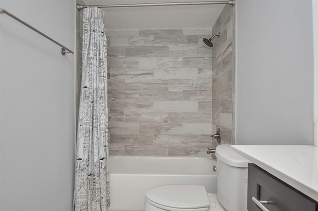 full bathroom featuring shower / bathtub combination with curtain, vanity, and toilet