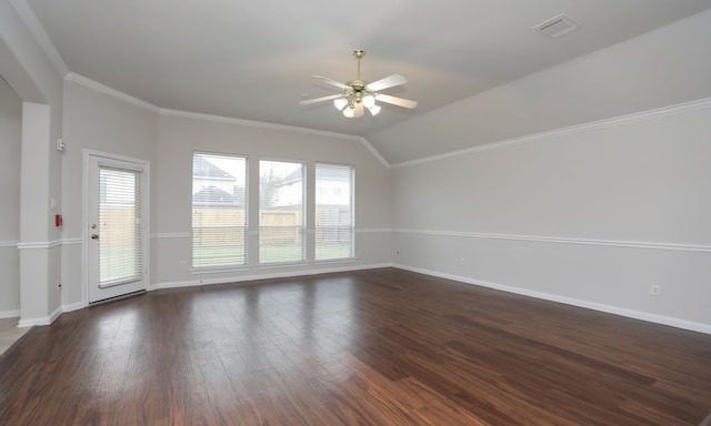 unfurnished room featuring ornamental molding, dark hardwood / wood-style floors, ceiling fan, and lofted ceiling