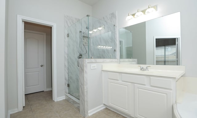 bathroom featuring tile patterned flooring, vanity, and a shower with shower door