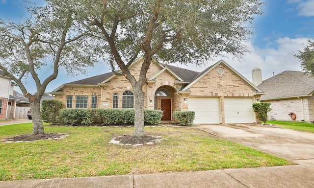 view of front of property featuring a front yard and a garage