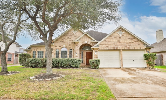 view of front of home with a front yard and a garage