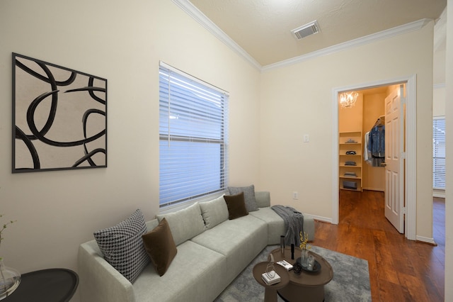 living room with ornamental molding and dark wood-type flooring