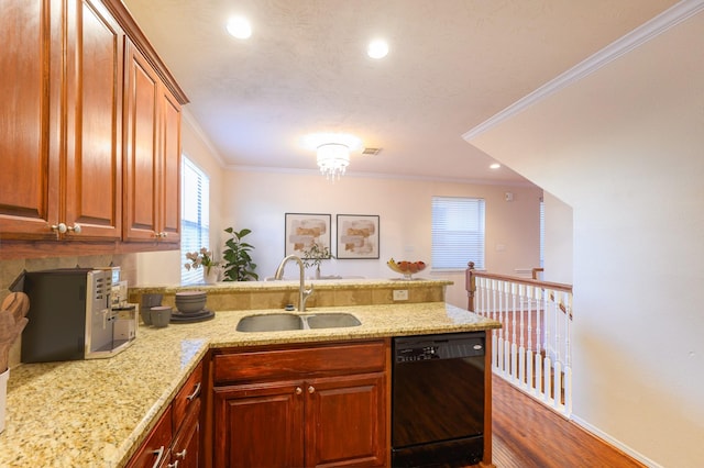 kitchen featuring sink, dark wood-type flooring, black dishwasher, light stone counters, and ornamental molding