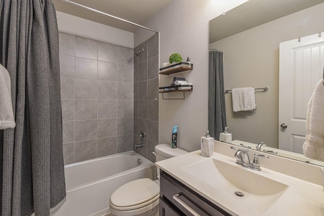 full bathroom with vanity, shower / bath combination with curtain, and toilet