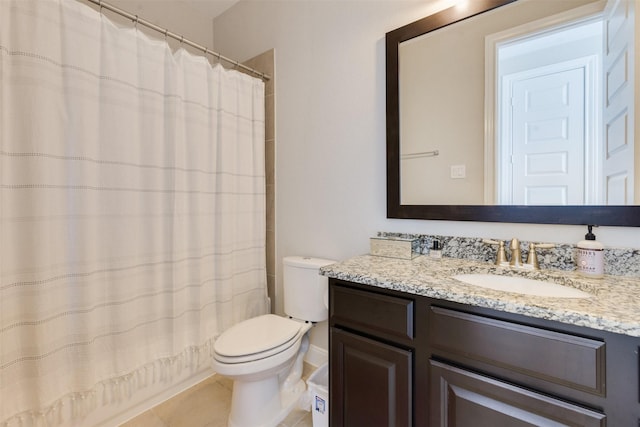 full bathroom with toilet, shower / bath combo, vanity, and tile patterned floors