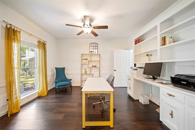 office featuring ceiling fan and dark wood-type flooring