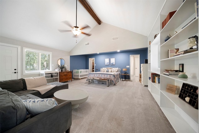 bedroom with light carpet, beam ceiling, high vaulted ceiling, and ceiling fan