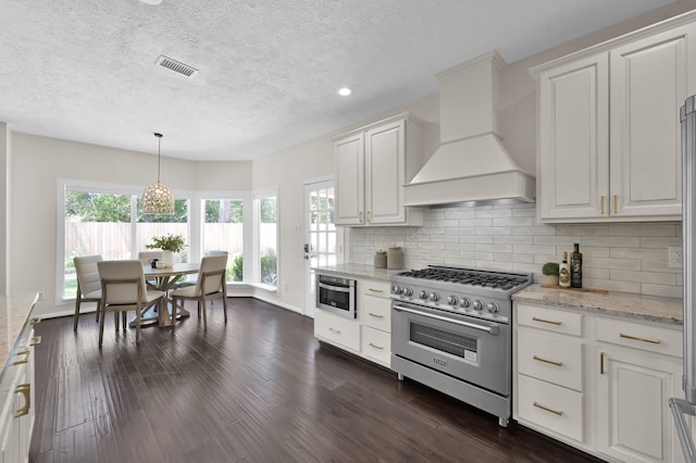 kitchen featuring high end stainless steel range, premium range hood, a textured ceiling, plenty of natural light, and tasteful backsplash