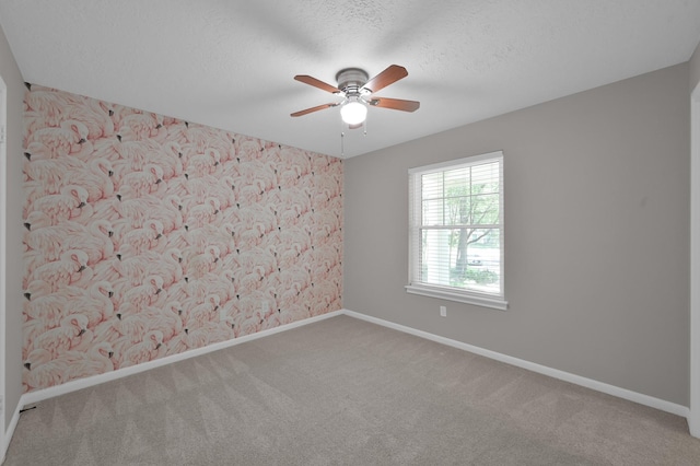 empty room featuring carpet, ceiling fan, baseboards, and a textured ceiling