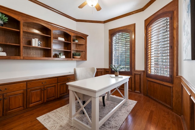 office space with dark hardwood / wood-style floors, ceiling fan, and crown molding