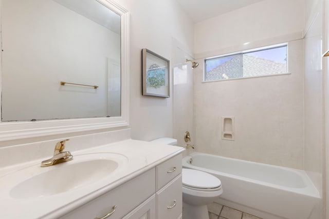 full bathroom featuring washtub / shower combination, vanity, toilet, and tile patterned flooring