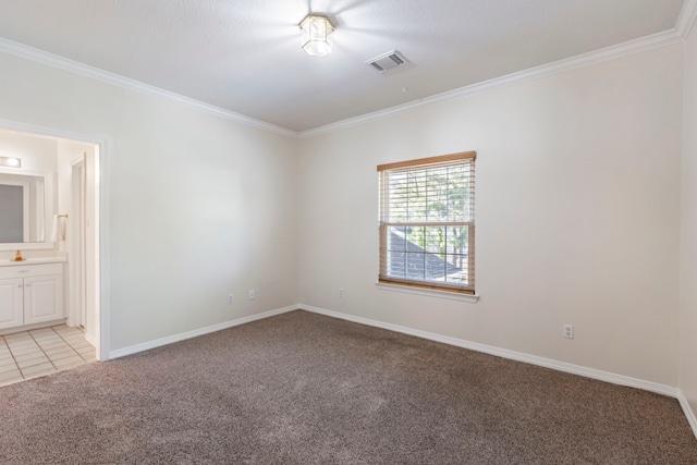 spare room featuring light colored carpet and ornamental molding