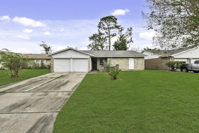 ranch-style house featuring a garage and a front lawn