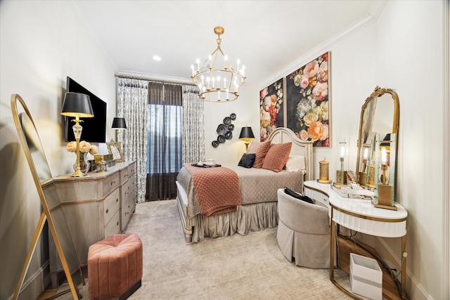 carpeted bedroom featuring a notable chandelier and crown molding