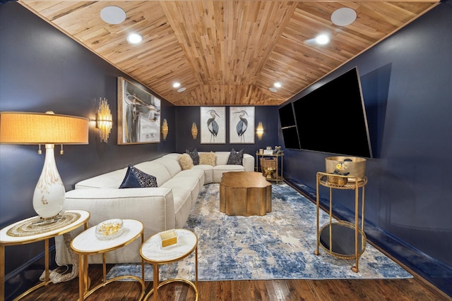 home theater with wood ceiling, vaulted ceiling, and wood-type flooring