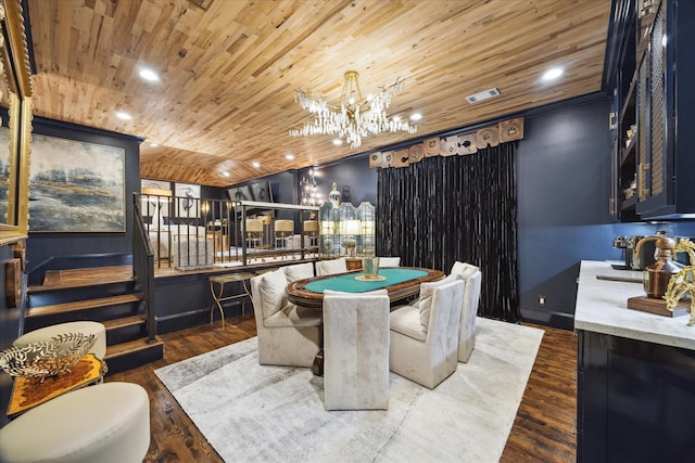 dining space featuring dark hardwood / wood-style flooring, wood ceiling, and sink