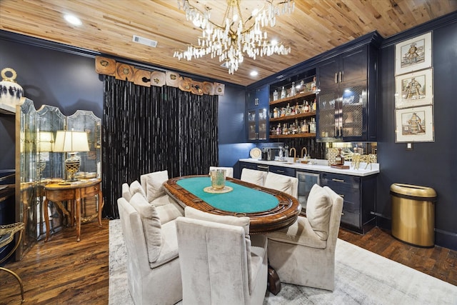 bar featuring blue cabinetry, dark wood-type flooring, and wood ceiling