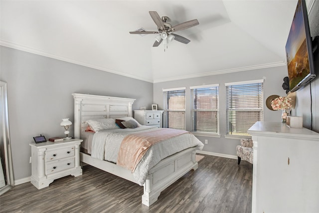 bedroom featuring ornamental molding, vaulted ceiling, ceiling fan, and dark wood-type flooring