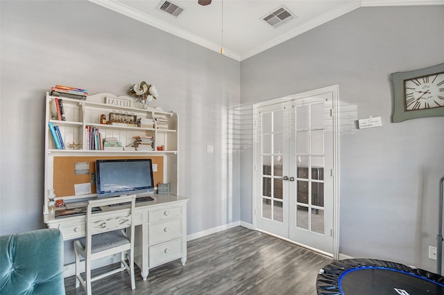 office space with dark hardwood / wood-style floors, ornamental molding, and french doors