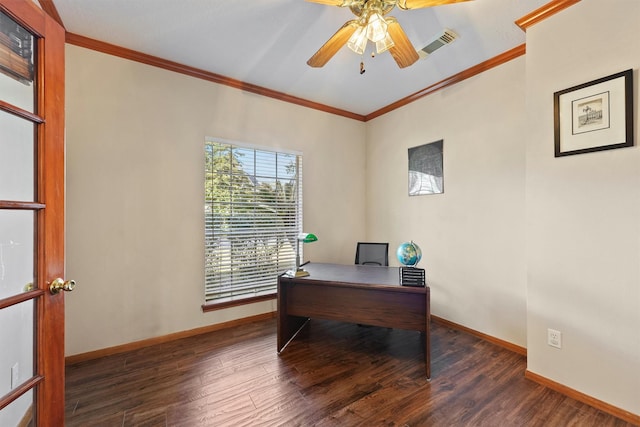 office area with ceiling fan, dark hardwood / wood-style floors, and ornamental molding