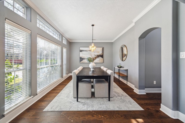 dining area featuring crown molding, dark wood-type flooring, a wealth of natural light, and a textured ceiling