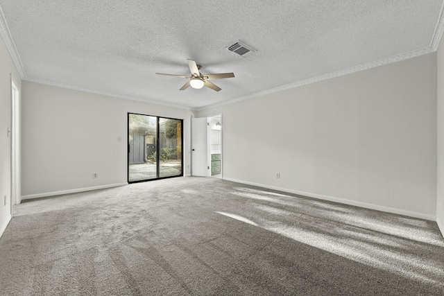 carpeted empty room featuring ornamental molding, a textured ceiling, ceiling fan, and a healthy amount of sunlight