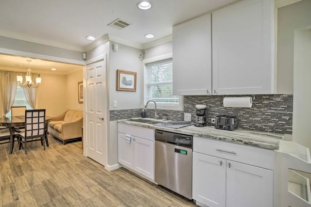 kitchen with backsplash, sink, white cabinets, and stainless steel dishwasher