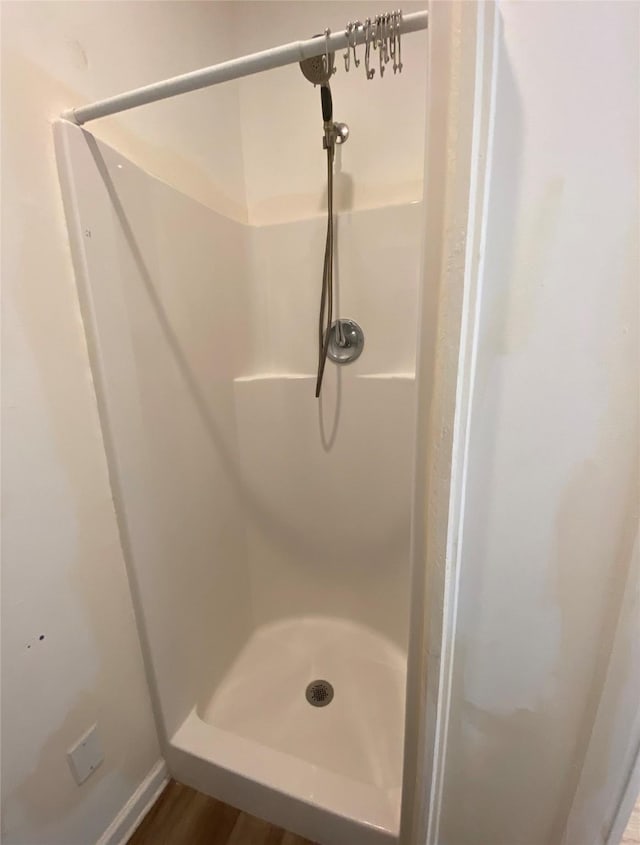 bathroom with hardwood / wood-style flooring and walk in shower